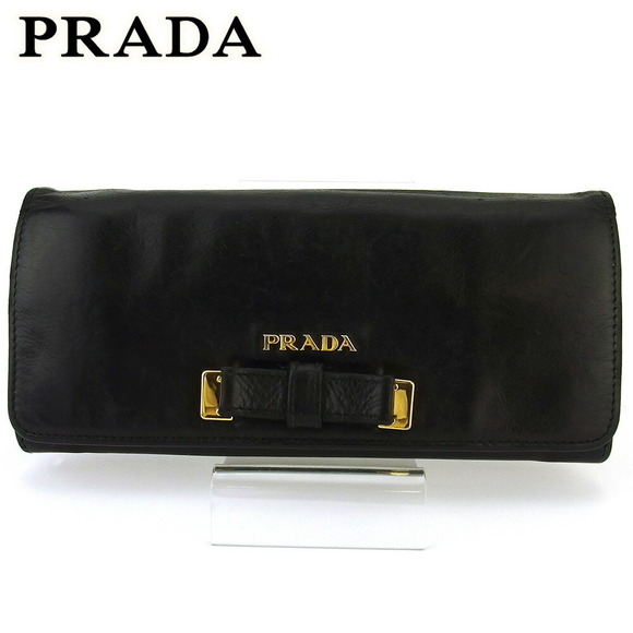 Prada motif ribbon Black long leather Wallet - Picture 1 of 6